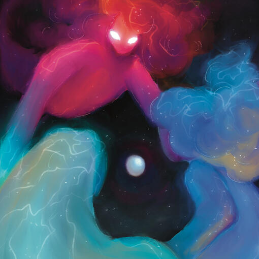 An illustration featuring the primordial forms of Order, Chaos, and The In-Between, floating in space around a planet that is much smaller than they are. They are nebulous, reminiscent of space phenomena. Their arms blend into each other as they encircle t